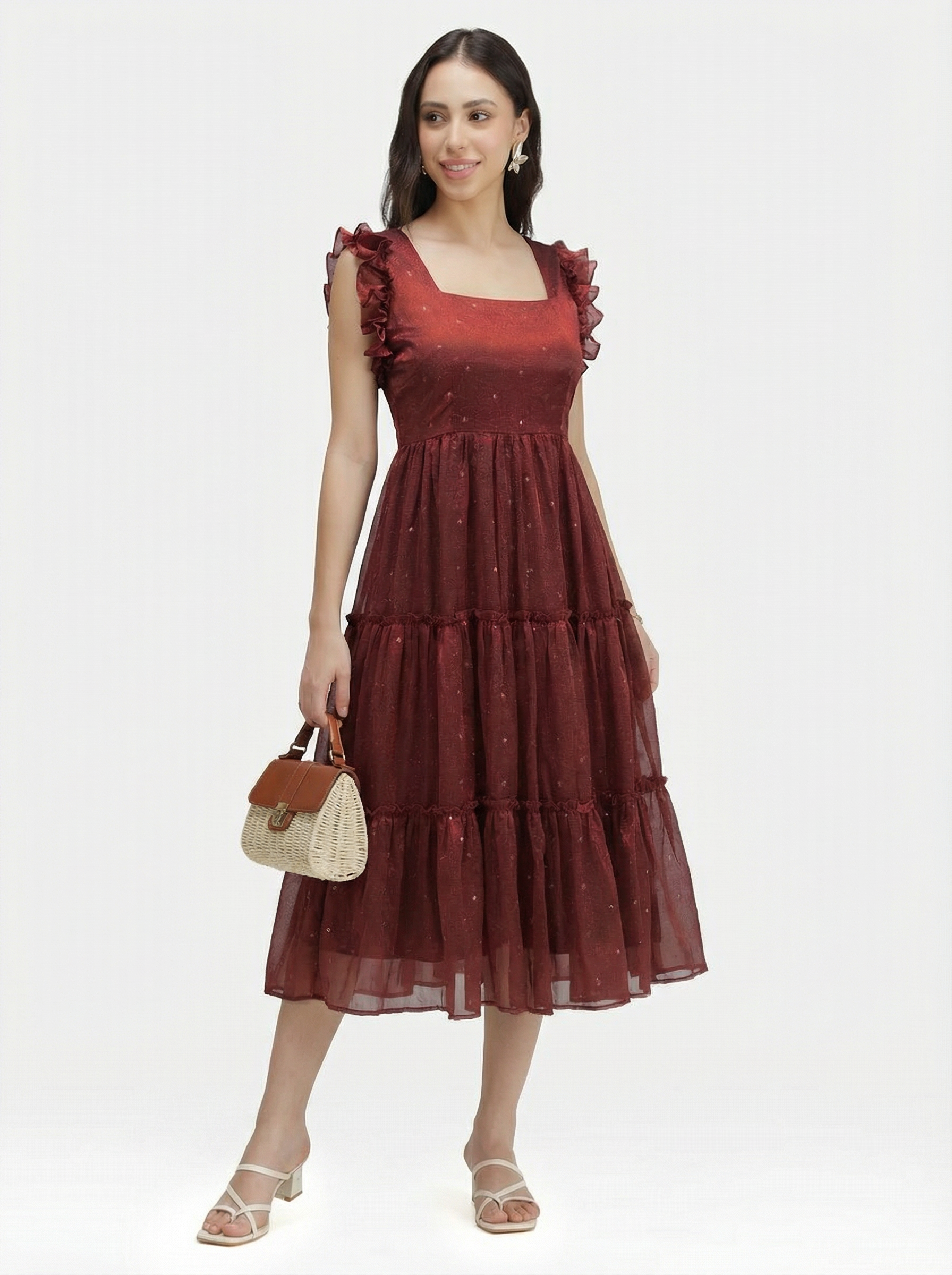 SEQUIN DETAILED TIERED MIDI DRESS ZIVA - RUST