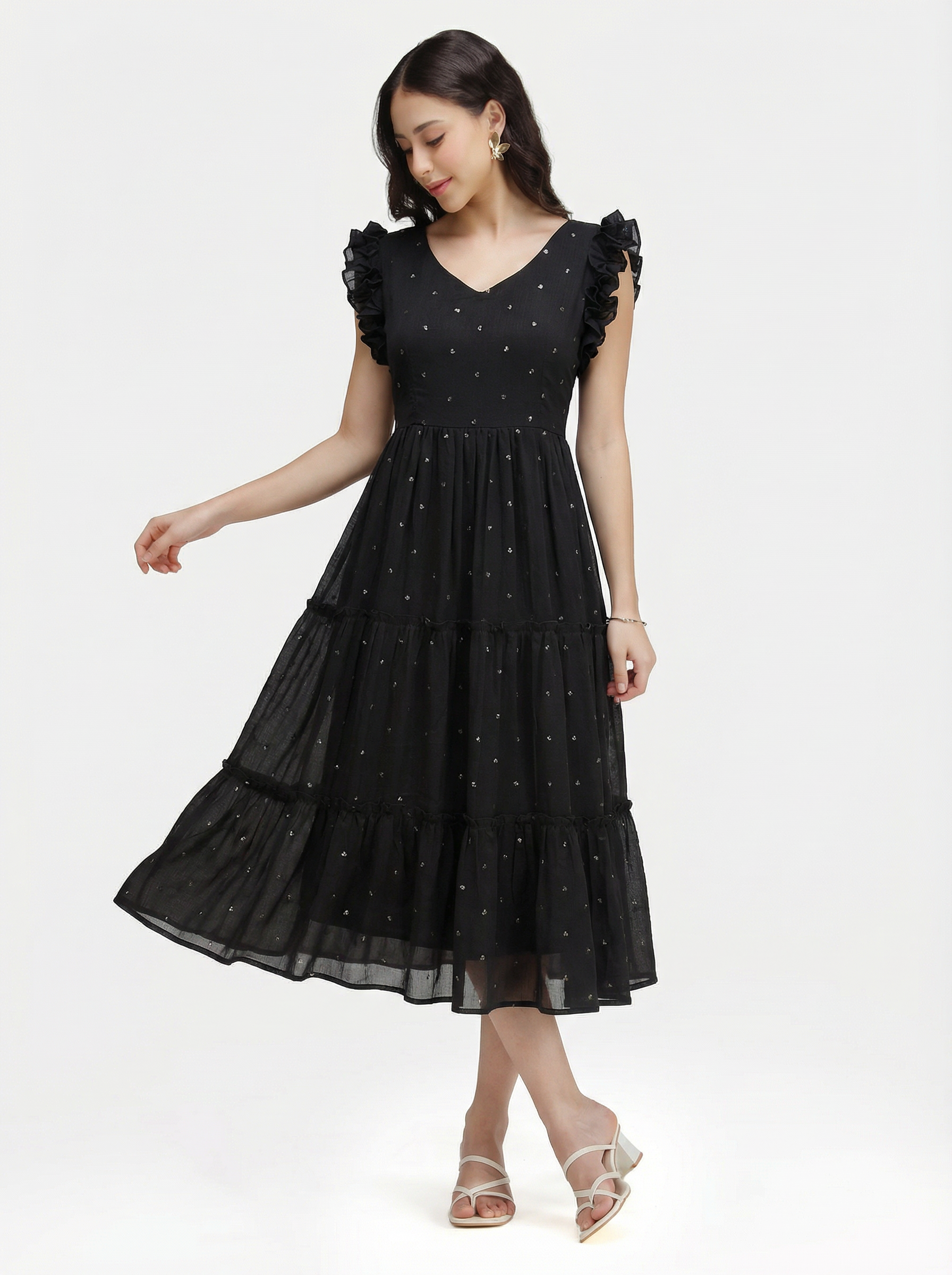 SEQUIN DETAILED TIERED MIDI DRESS ZIVA - BLACK