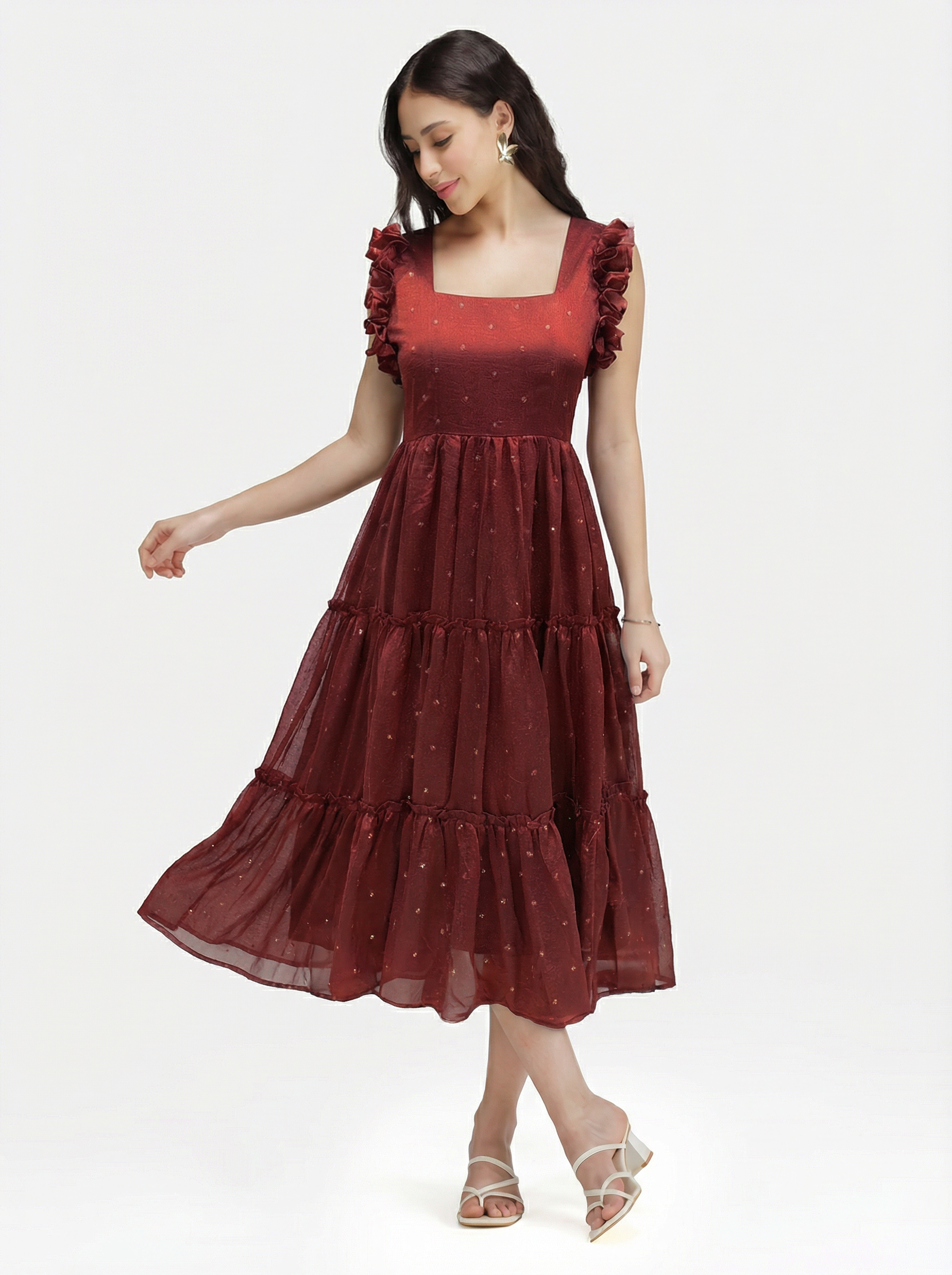 SEQUIN DETAILED TIERED MIDI DRESS ZIVA - RUST