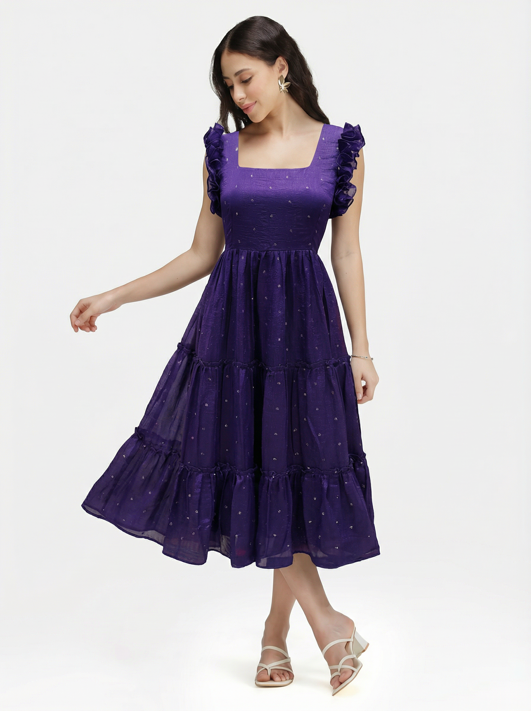 SEQUIN DETAILED TIERED MIDI DRESS ZIVA - ROYAL PURPLE