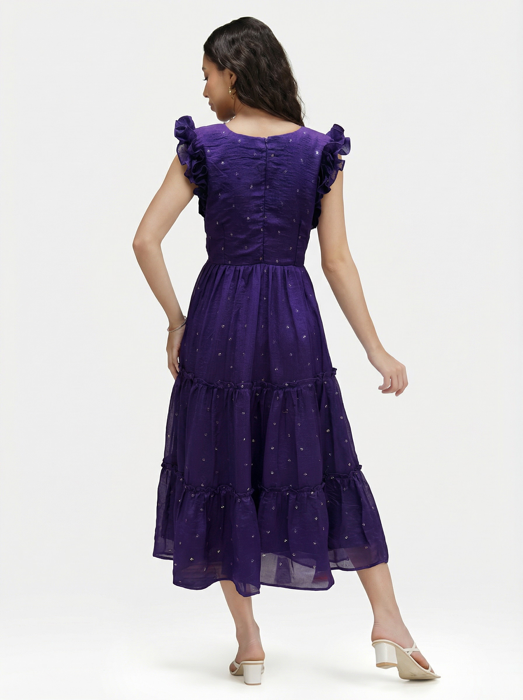 SEQUIN DETAILED TIERED MIDI DRESS ZIVA - ROYAL PURPLE