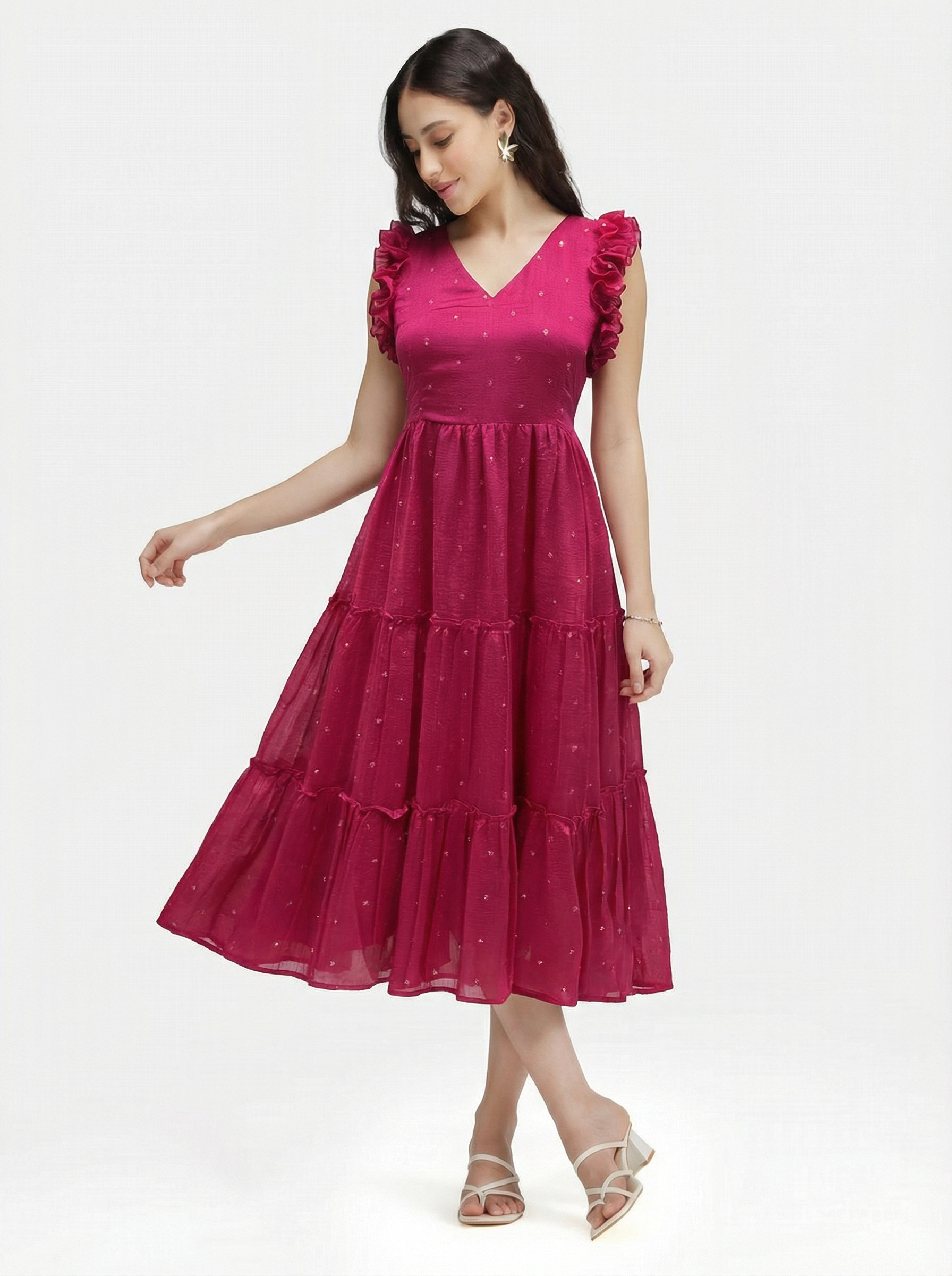 SEQUIN DETAILED TIERED MIDI DRESS ZIVA - PINK