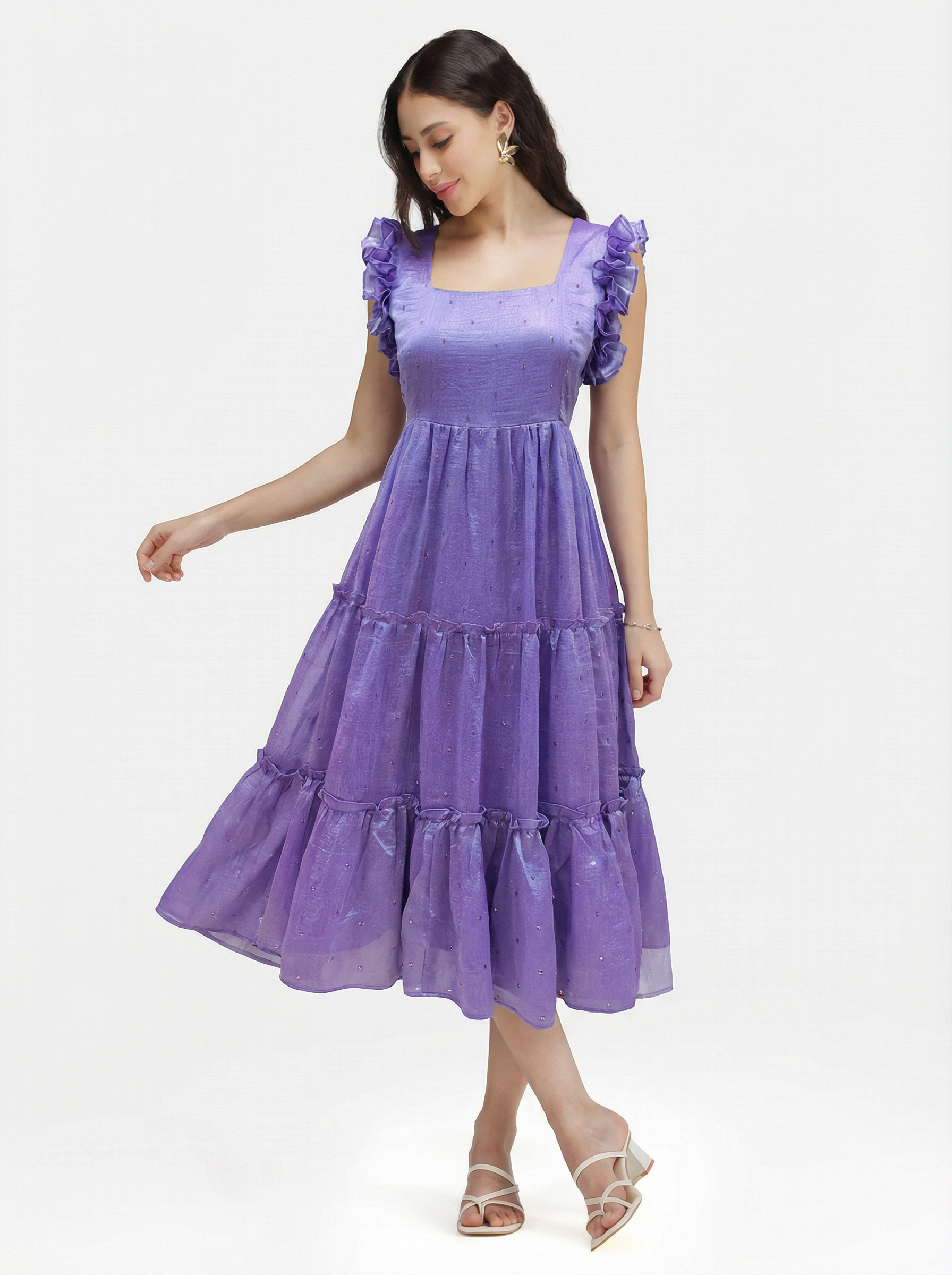 SEQUIN DETAILED TIERED MIDI DRESS ZIVA - LAVENDER