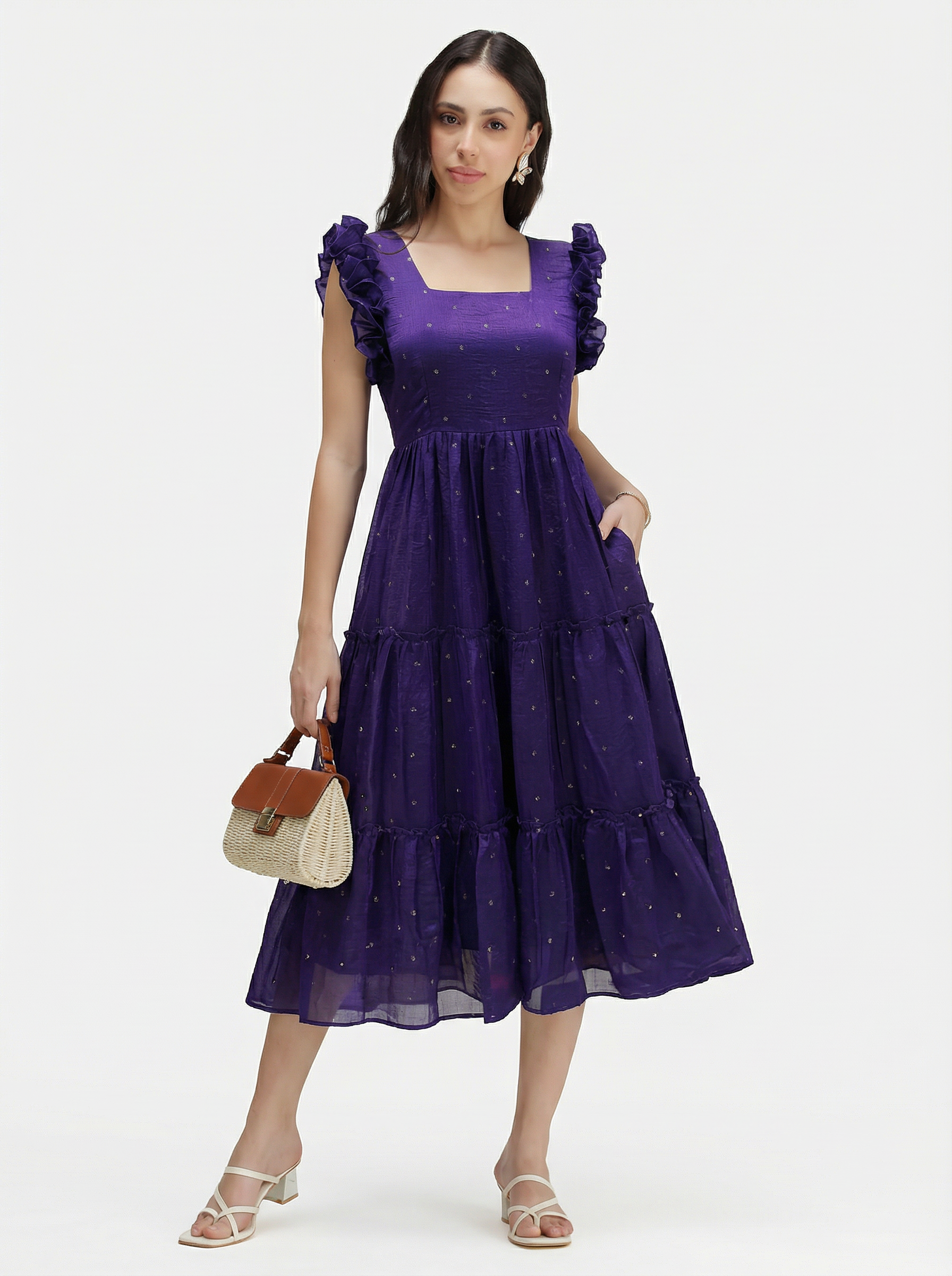 SEQUIN DETAILED TIERED MIDI DRESS ZIVA - ROYAL PURPLE