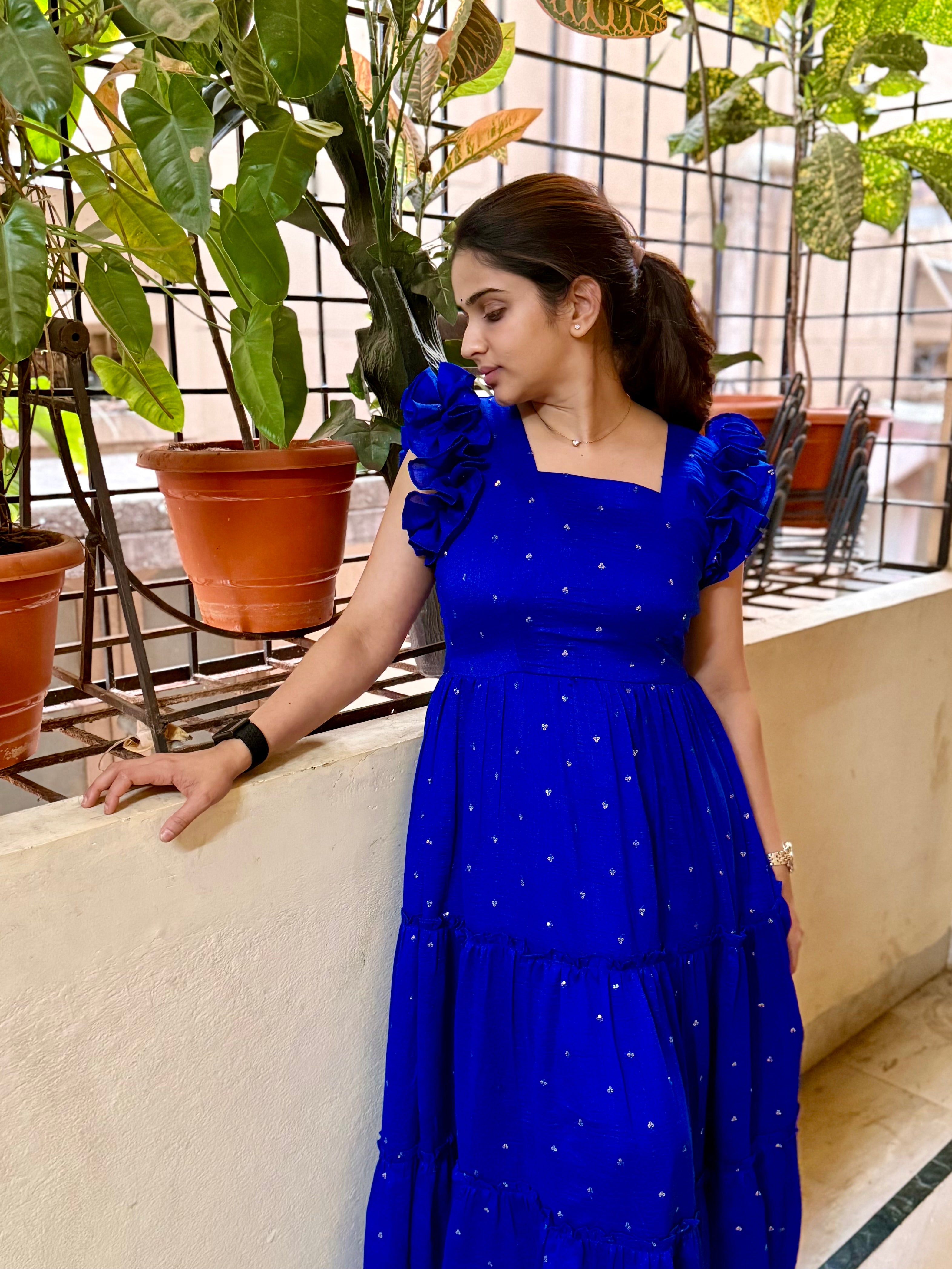 SEQUIN DETAILED TIERED MIDI DRESS ZIVA - ROYAL BLUE