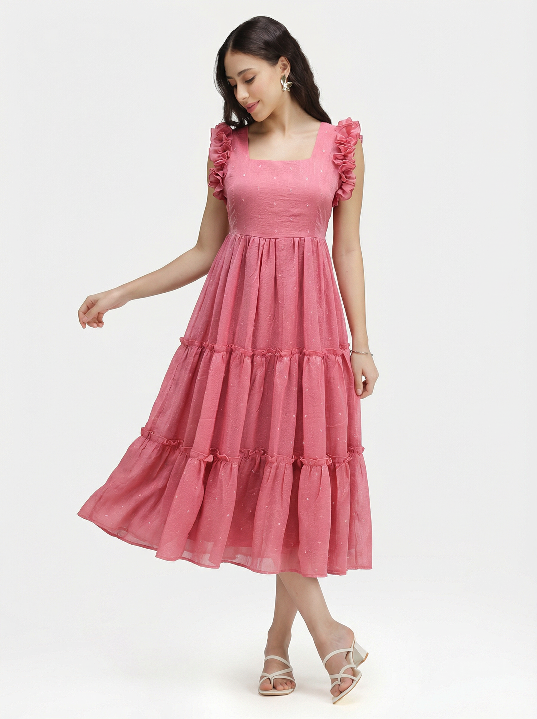 SEQUIN DETAILED TIERED MIDI DRESS ZIVA - ROSE BLUSH