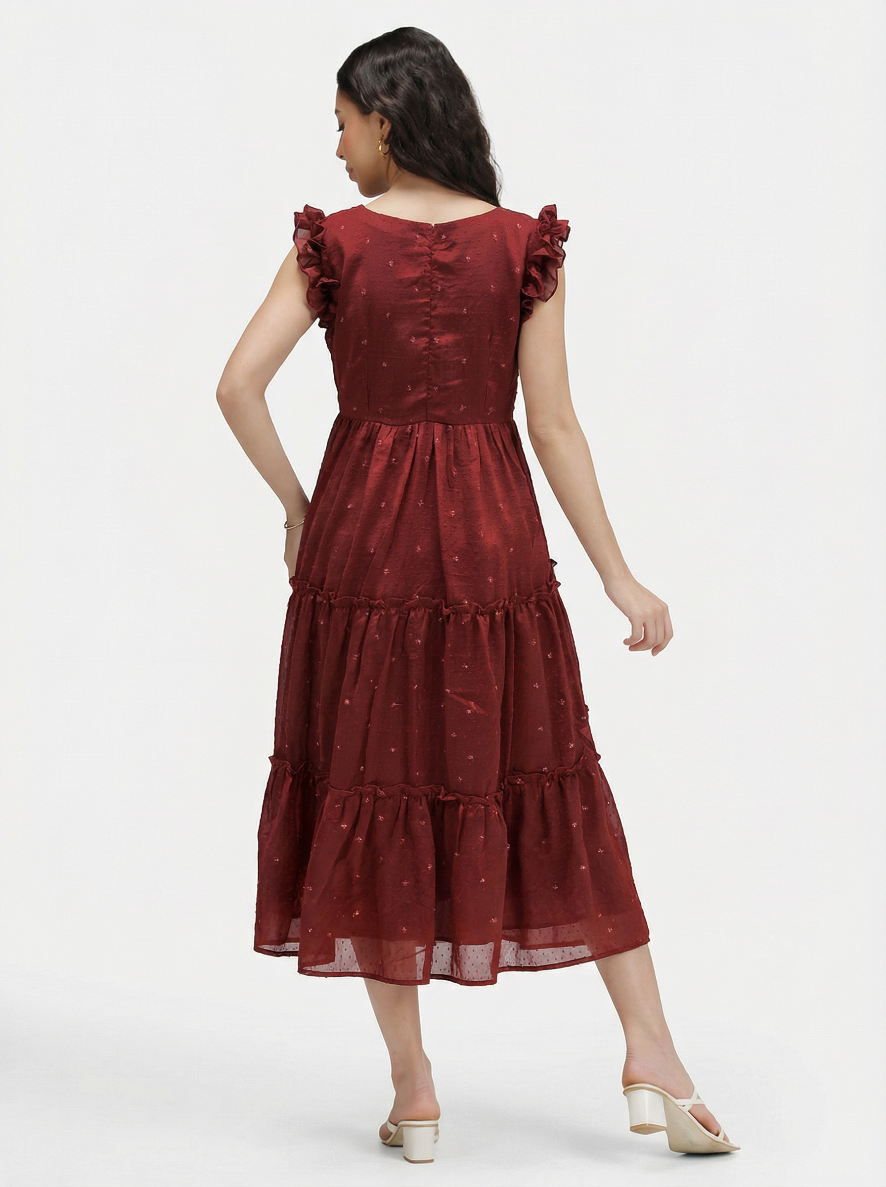 SEQUIN DETAILED TIERED MIDI DRESS ZIVA - RUST