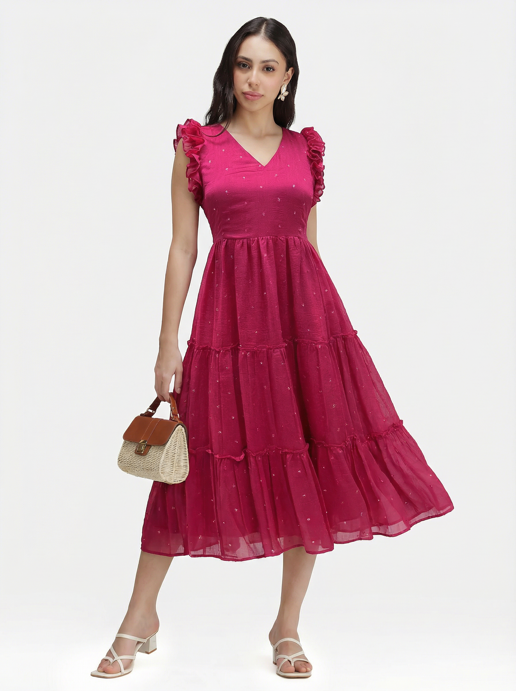 SEQUIN DETAILED TIERED MIDI DRESS ZIVA - PINK