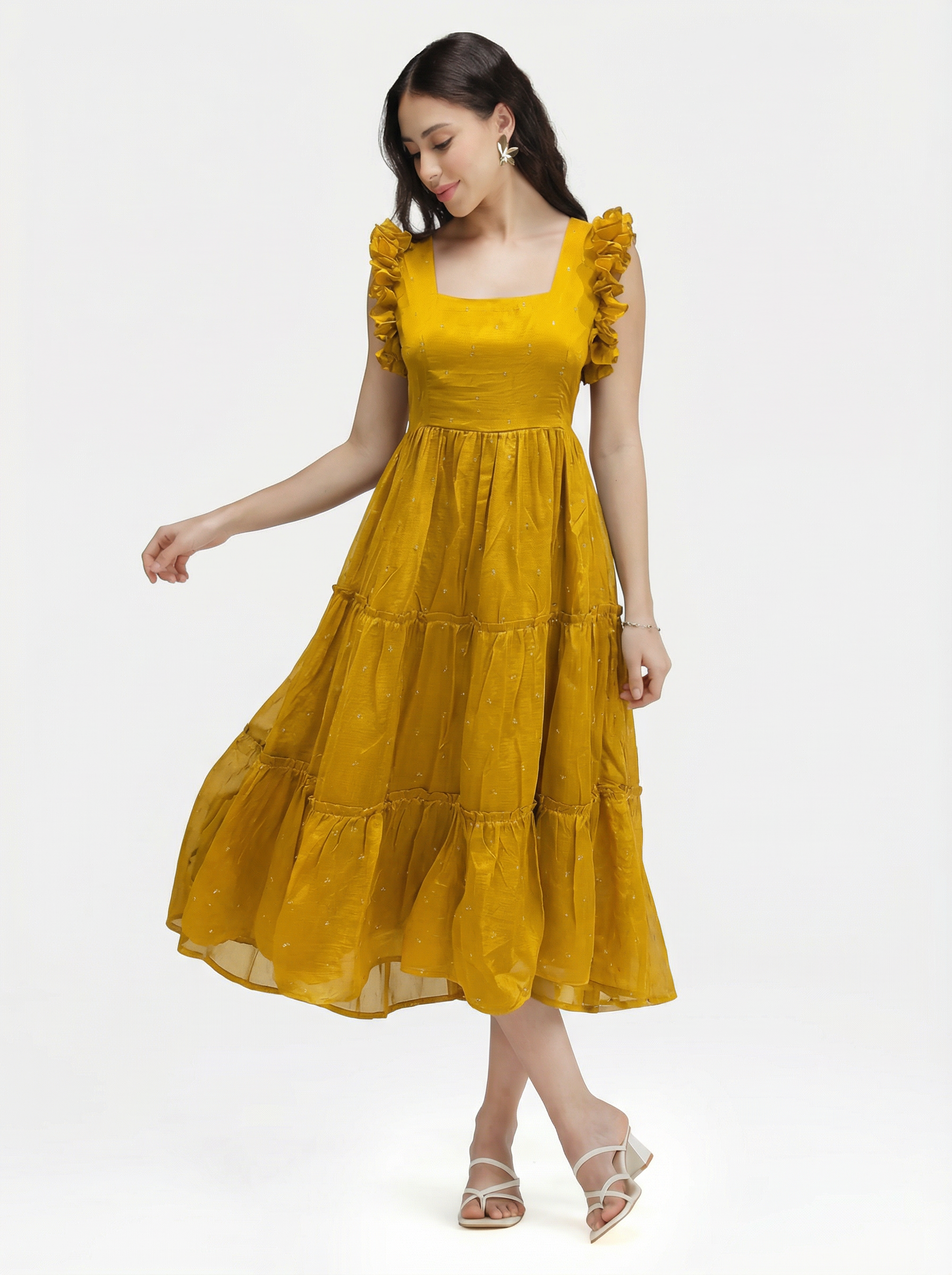 SEQUIN DETAILED TIERED MIDI DRESS ZIVA - GLAM GOLD