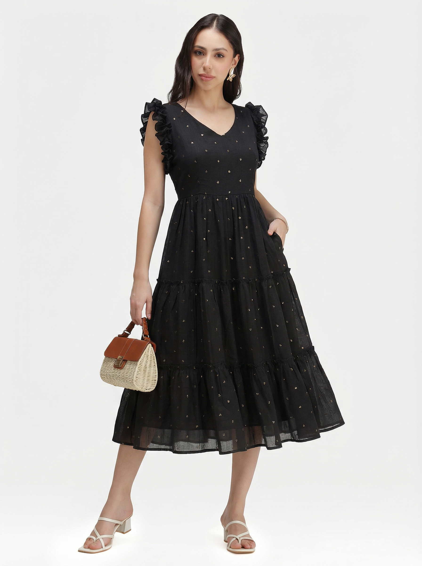 SEQUIN DETAILED TIERED MIDI DRESS ZIVA - BLACK