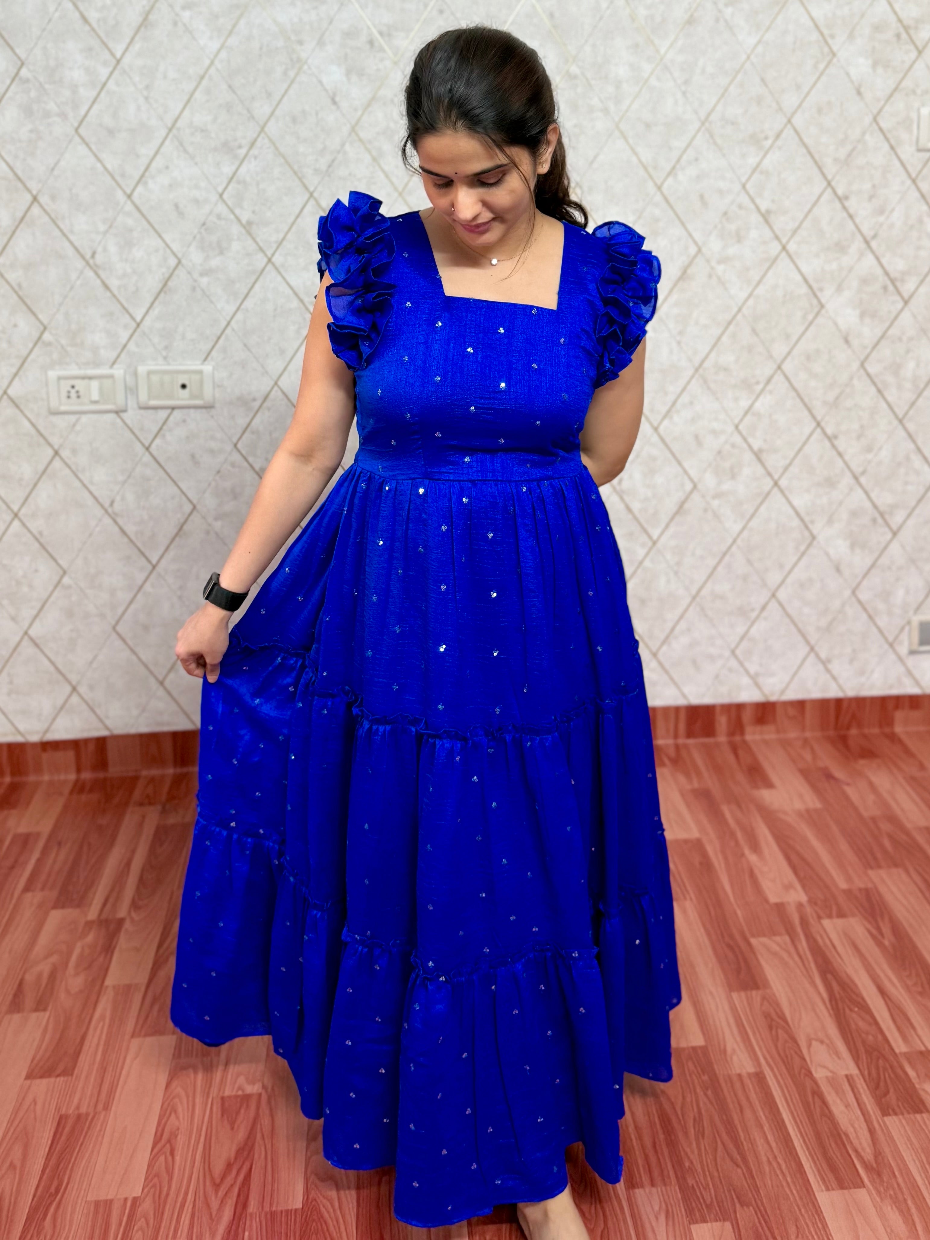 SEQUIN DETAILED TIERED MIDI DRESS ZIVA - ROYAL BLUE