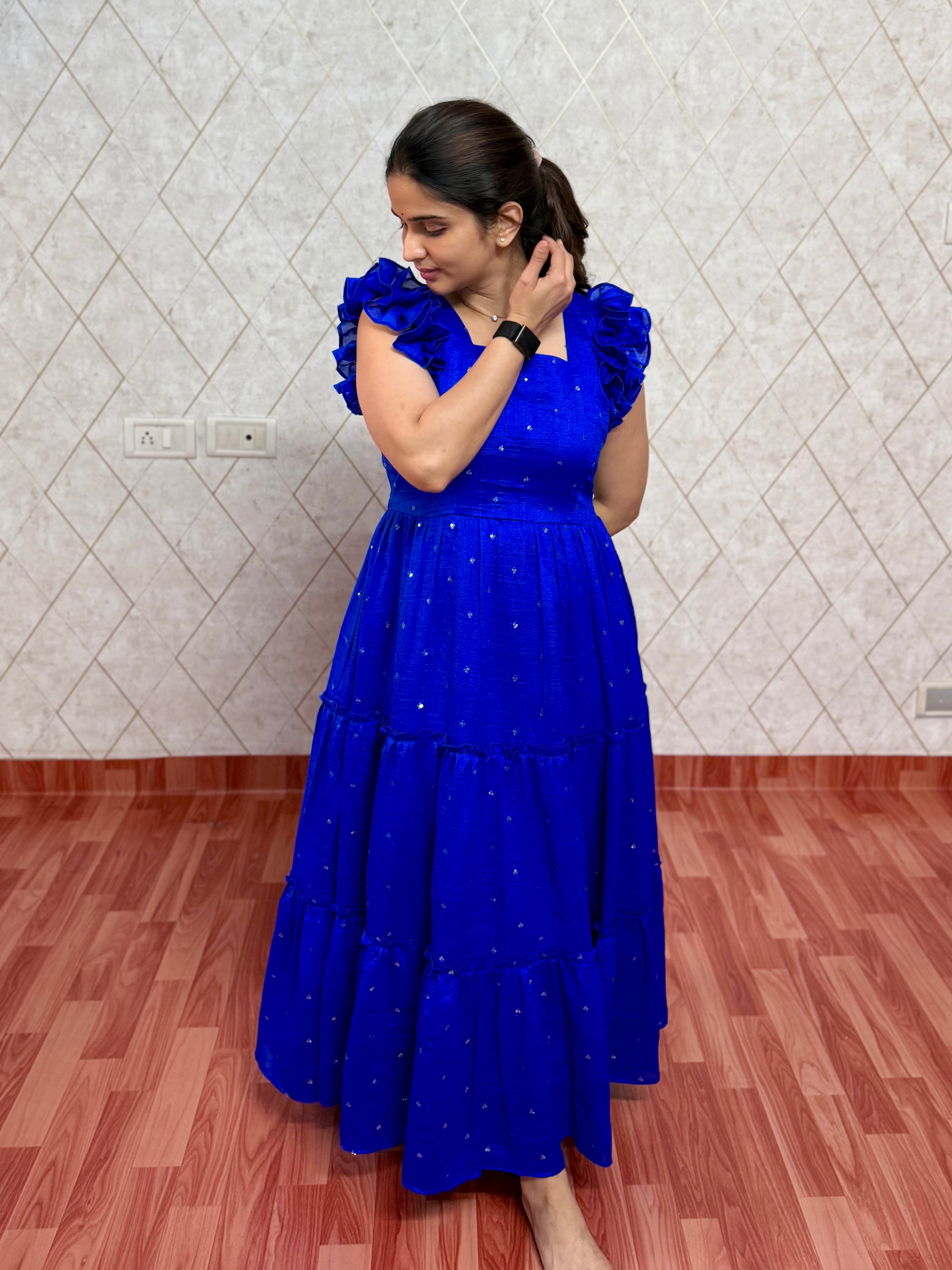 SEQUIN DETAILED TIERED MIDI DRESS ZIVA - ROYAL BLUE