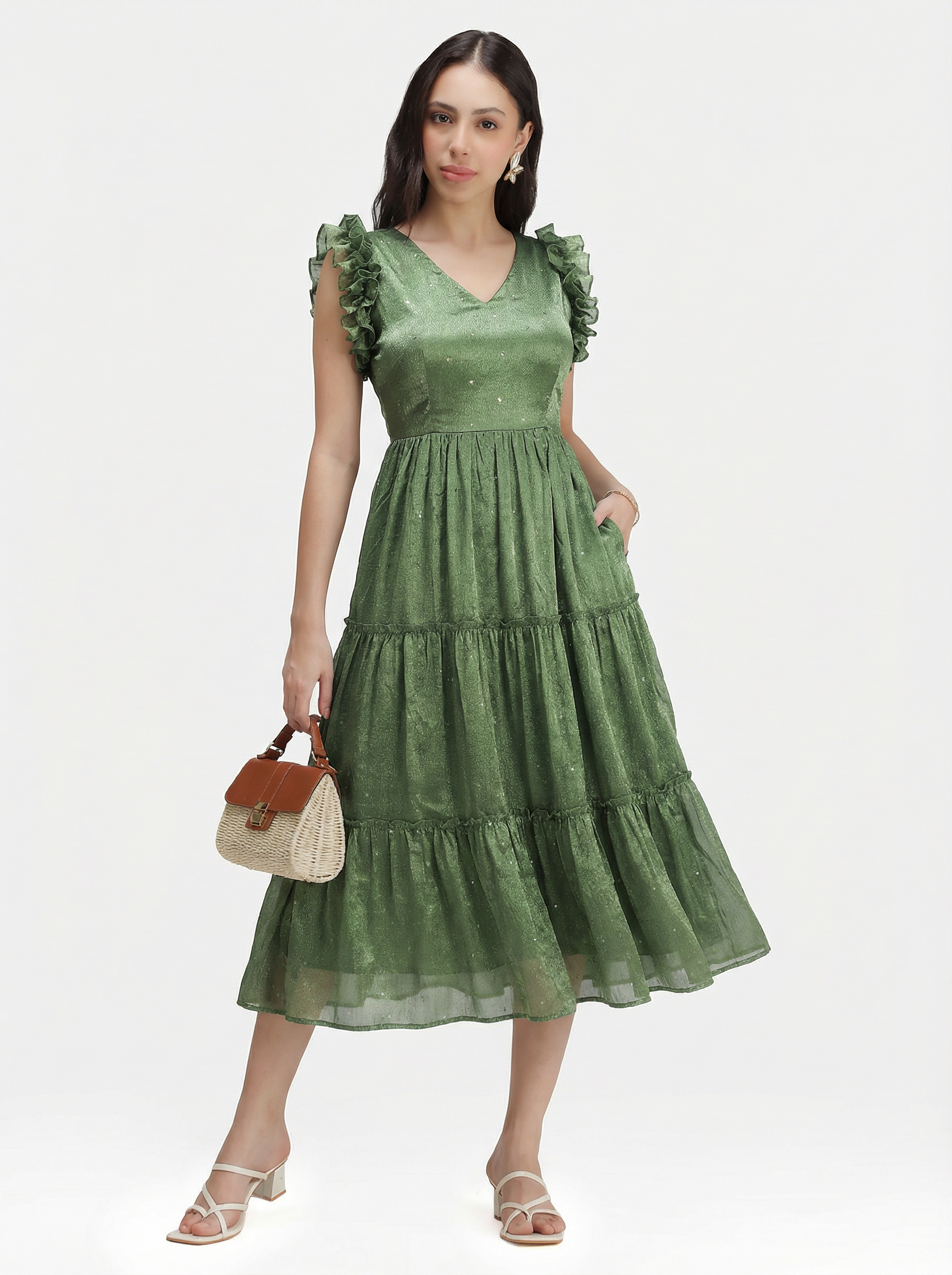 SEQUIN DETAILED TIERED MIDI DRESS ZIVA - OLIVE GREEN