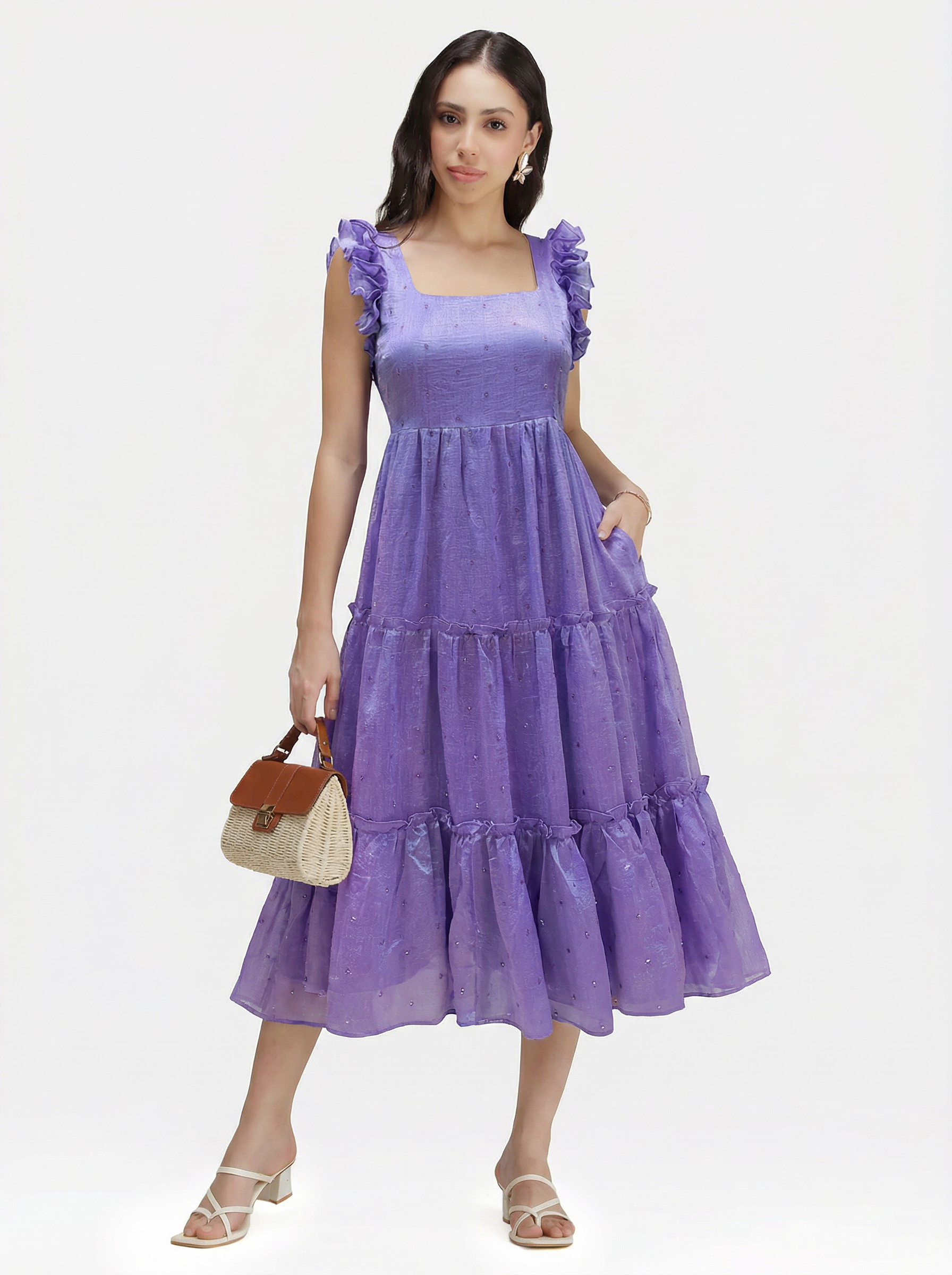 SEQUIN DETAILED TIERED MIDI DRESS ZIVA - LAVENDER