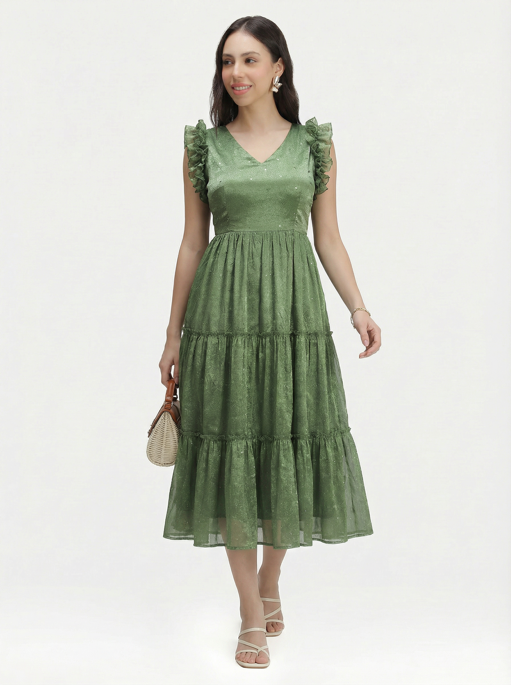 SEQUIN DETAILED TIERED MIDI DRESS ZIVA - OLIVE GREEN